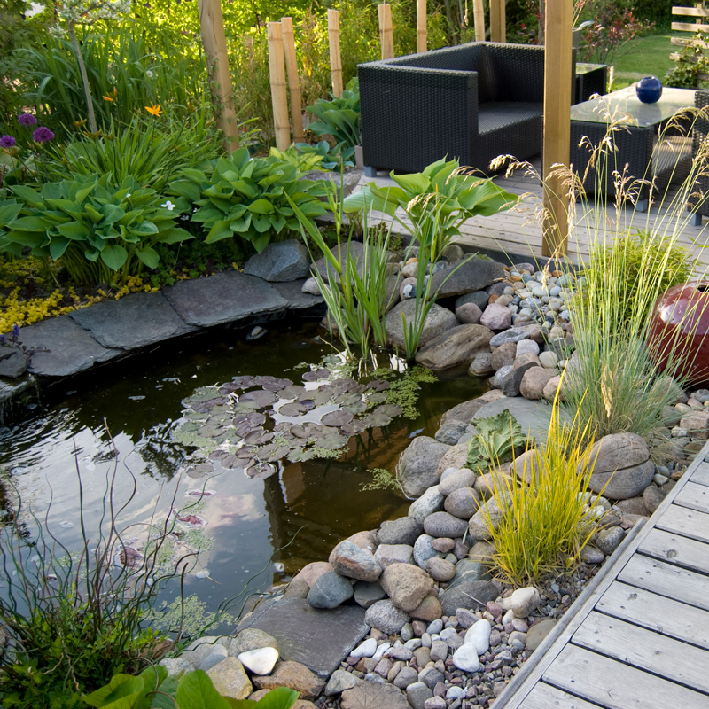 landscaping pond and seating area